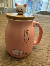 Kawaii Cat Mug with Lid Pink Ceramic Coffee Tea Cup 14oz