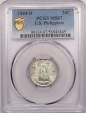 1944-D U.S. Philippines 20 Centavos, PCGS MS67, Gem Uncirculated, Light Toning