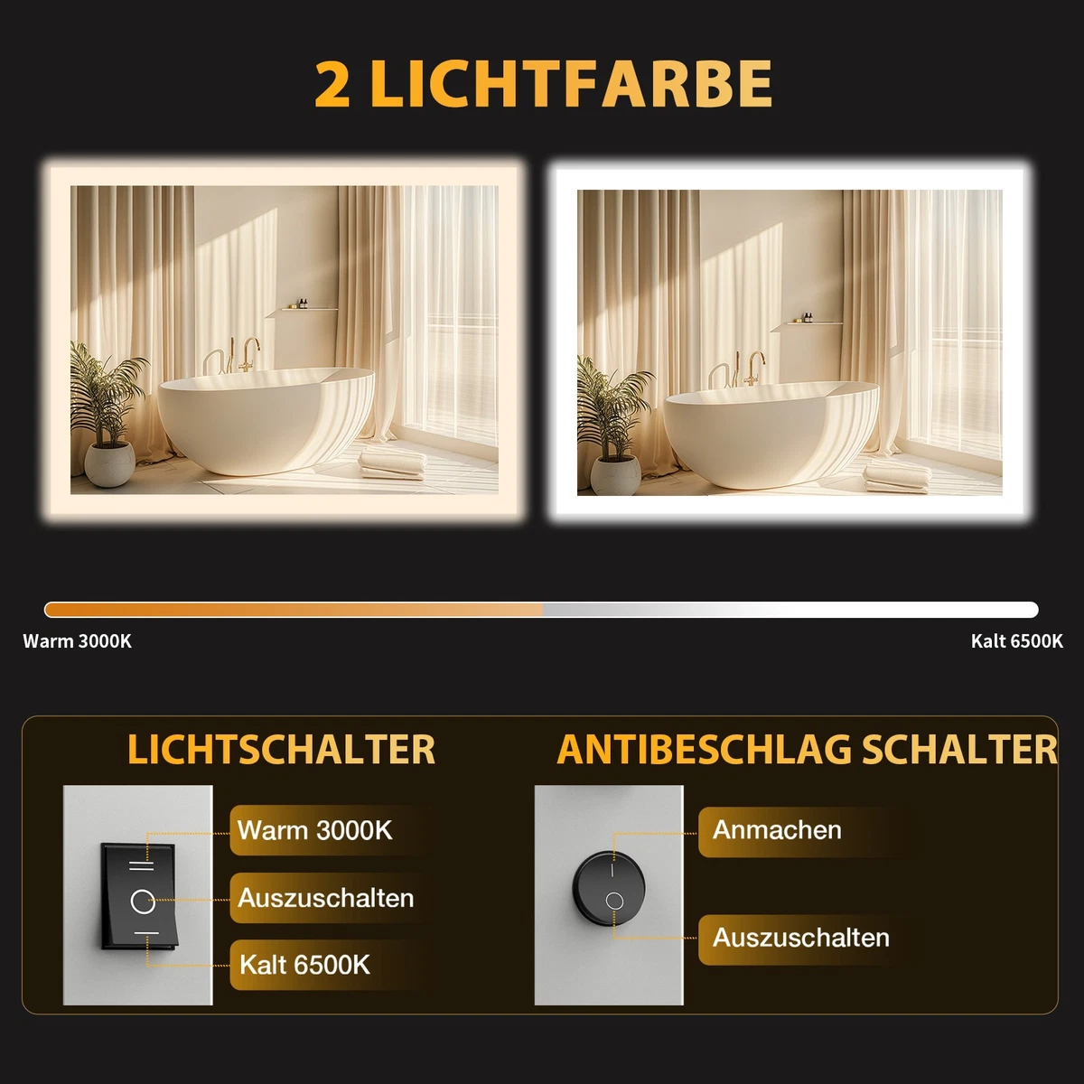 Badspiegel mit Beleuchtung 80x60cm Antibeschlag 2Lichtfarben, Druckknopfschalter