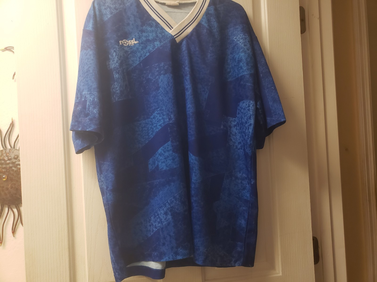 Vintage Rossi Soccer Jersey Blue V-Neck Shirt with White Trim, Size XL