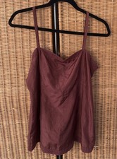 Eileen Fisher Womens Habutai Lace Trim Silk Camisole Top Small Merlot Semi Sheer