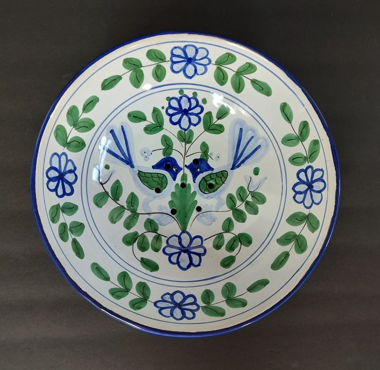 Rare Vintage Sigma Taste Setter Lovebirds Colander Bowl Ceramic Blue Green