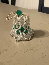 VINTAGE Beaded Bell Ornament Christmas Clear Green Beads A15 