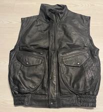 Vintage Mens Leather Vest Black Lined Removeable Sleeve Snap Button Retro Jacket