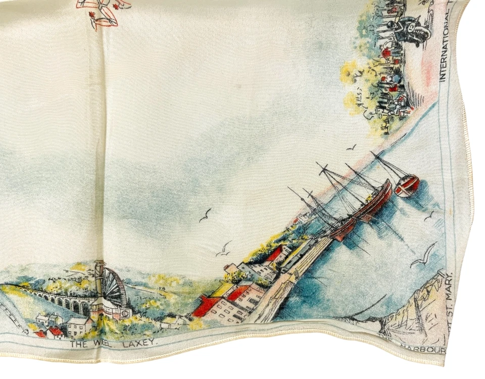 Pañuelo de Colección Souvenir Isla de Man Pelar Castillo Rueda Laxey Ramsey LEER Foto 3 de 4