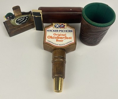 Lot Of VTG Bar Decorations - Hacker Tap, Lighter, Dice Cup, Box And Card Holder