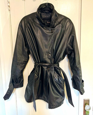 Vintage Wilsons Leather Black Women's Trench Coat M Mid-Length Lined Belted