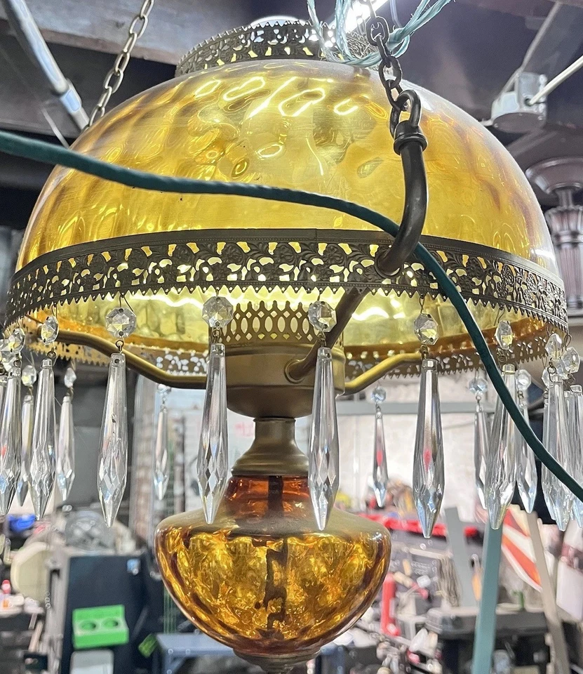 Antique Amber glass- Hanging Oil Lamp chandelier, Hardwired. 30” L X 25” W(+/-) - Image 3 of 4