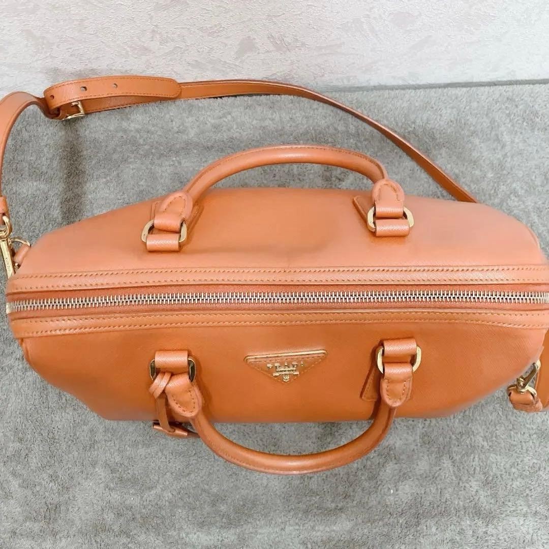 PRADA Saffiano Leather Boston Bag 2Way Shoulder bag Orange Used Italy thumbnail 5