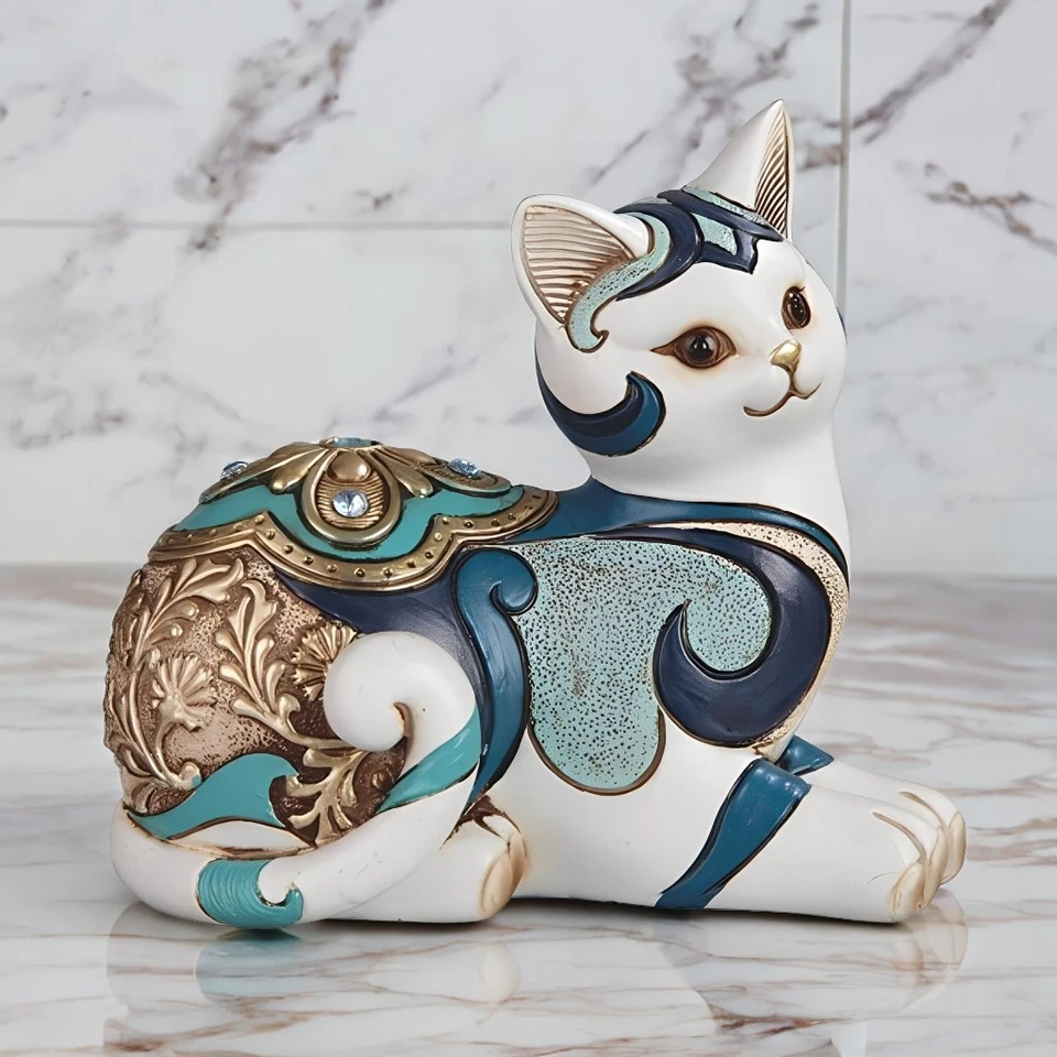 6"H White and Blue Semi Loaf Cat Figurine Ornament Home Decor Unique Gift
