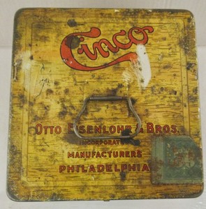 vintage CINCO cigar tin, Handy Humidor, hinged with handle