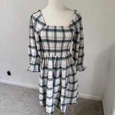 Madewell Lucie Plaid Smocked Shirred Square Neck Midi Dress Small Cottage Prarie