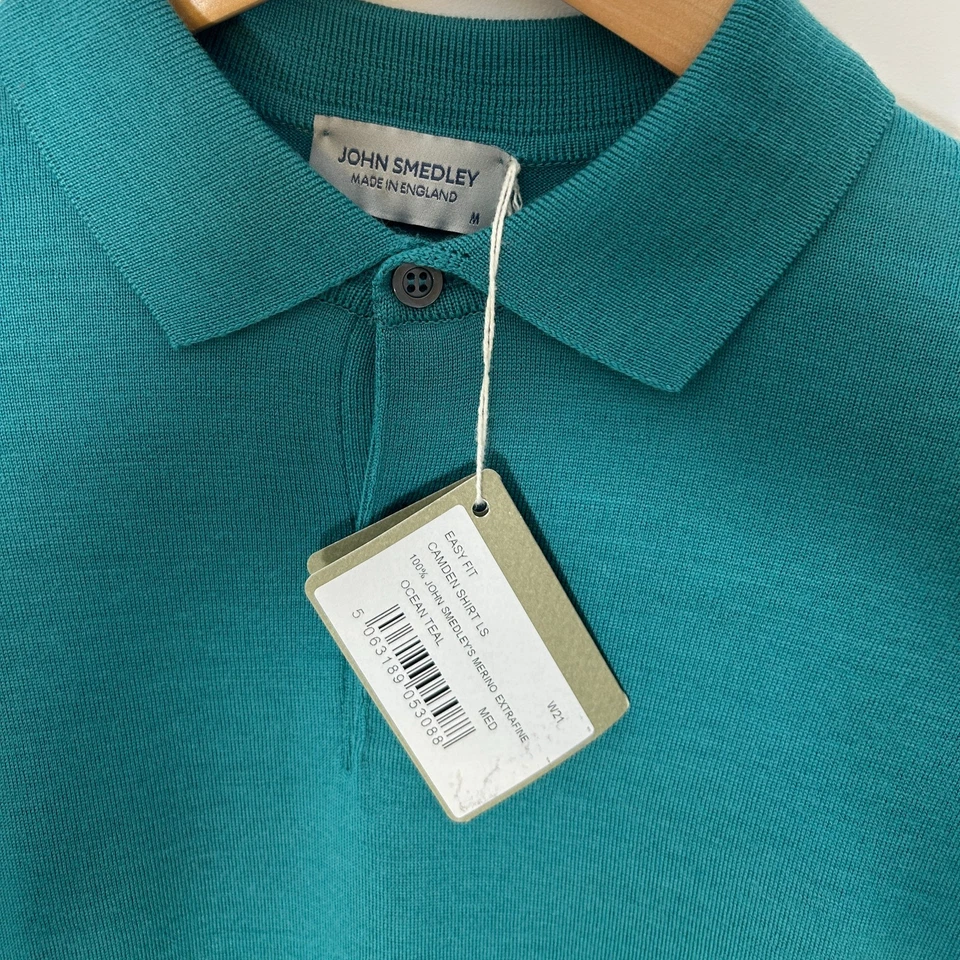 John Smedley Camden Long Sleeve Polo Shirt Merino Wool - Medium Teal RRP £180 — 第 2/4 张图片