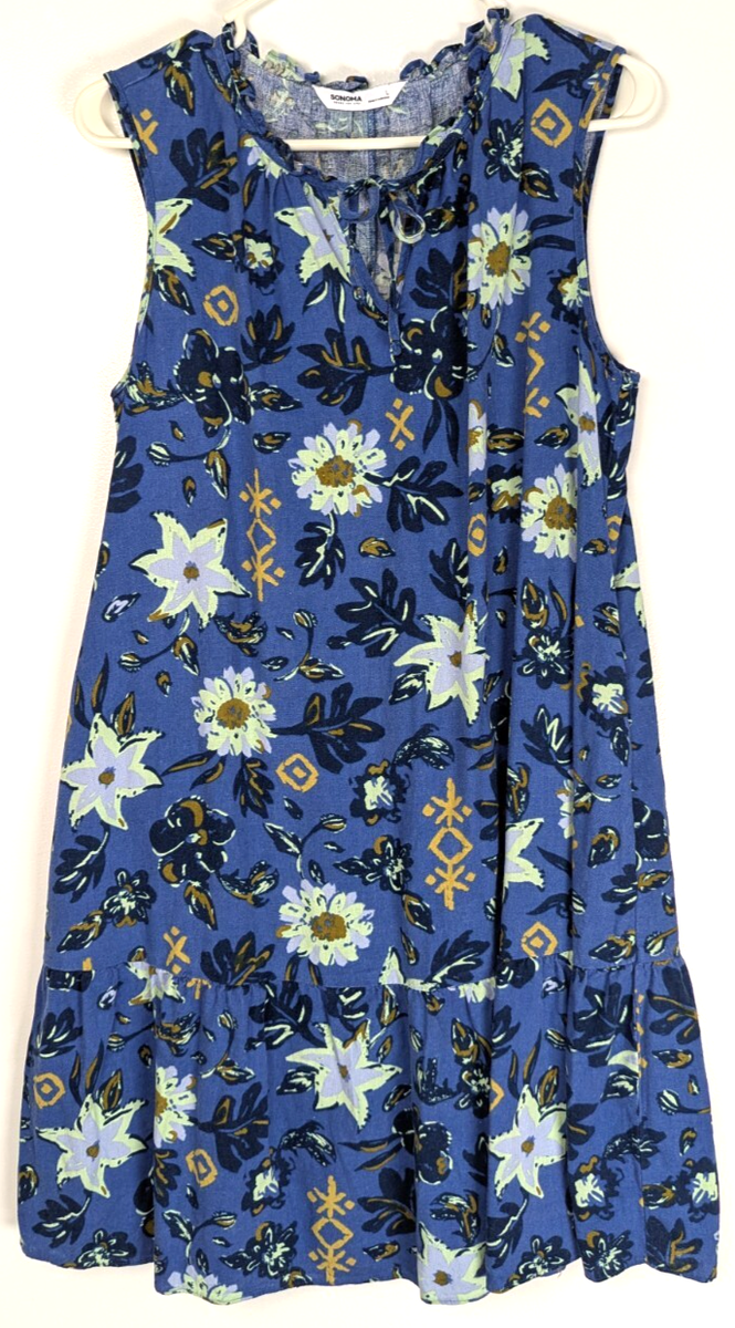 Sonoma Womens Linen Blend Blue Floral Dress Large Pockets Tier Ruffle Cottagecor Sonoma Womens Linen Blend Blue Floral Dress Large Pockets Tier Ruffle Cottagecor