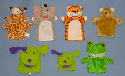 Plush hand puppets-Mommy & Me Dog-Puppy & Frog-Bear-Tiger-Giraffe-Elephant-Lot-7