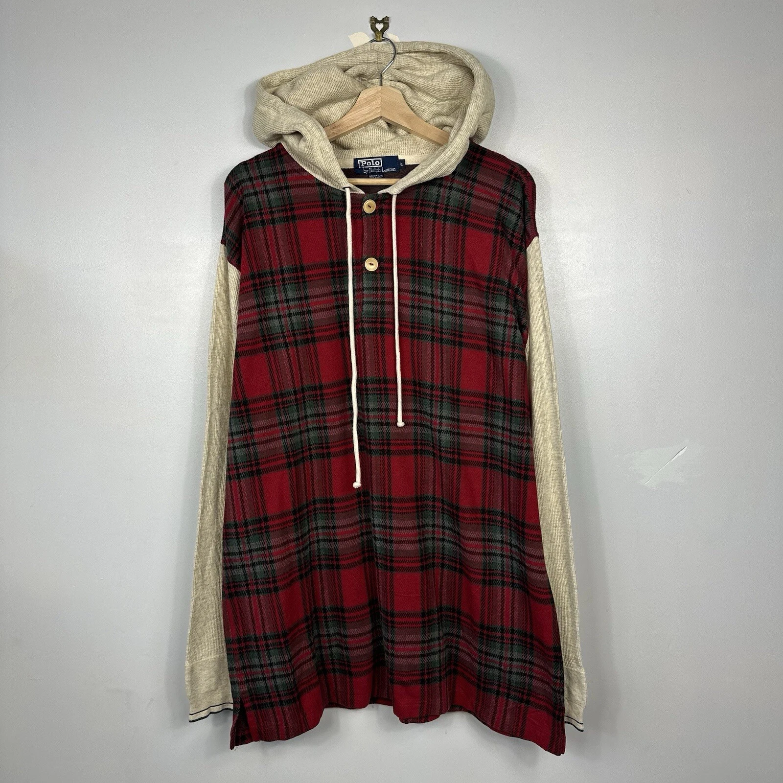 Polo Ralph Lauren Hoodie, Tartan Lo Life Waffle Thermal, Made in USA, Mens Large