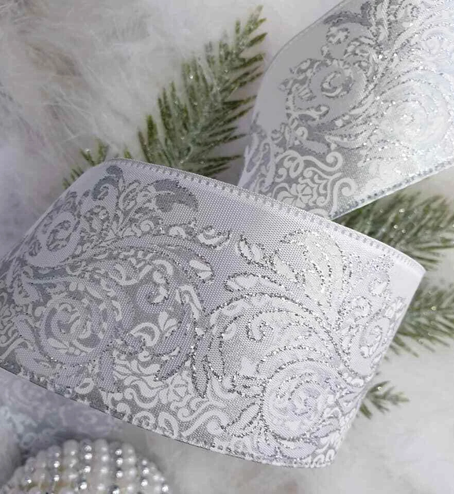 1m x 63mm Wired Pretty Satin Christmas Ribbon White with Silver Glitter  Swirls