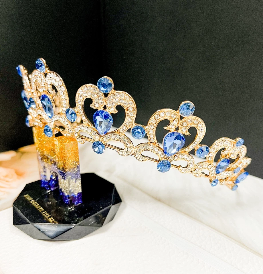 Blue Rhinestone Tiara, Girls Gold tiara, Heart shape tiara, Princess party tiara - Image 3 of 4