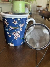 Cha Cult Mug Cup Teatime Tea Kettles Strainer Fine Porcelain w/Lid Herb Infuser