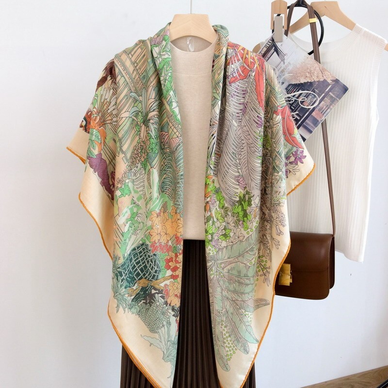 70% Cashmere 30% Silk Wrap Scarf Garden Print Double Face Shawl 53