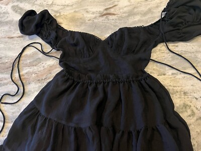 strapless open back dress Princess Polly Black Linen Short Puff Sleeve Tie Button Up Mini Bodycon  Dress 2 main image 0