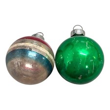 Set Of 2 Made In USA Christmas Ornaments Green Striped Round Glass Shiny Brite