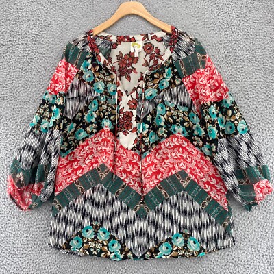 Fig & Flower Top Womens Blue Large Multi Floral Long Balloon Sleeve Blouse Boho*