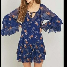 Free People Sunsetter Floral Mini Dress Navy Blue Boho Ruffle XS