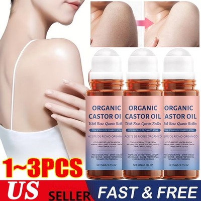 3PCS Organic Golden Castor Oil Roll-On with Rose Quartz for Skin,Hair & Wrinkle