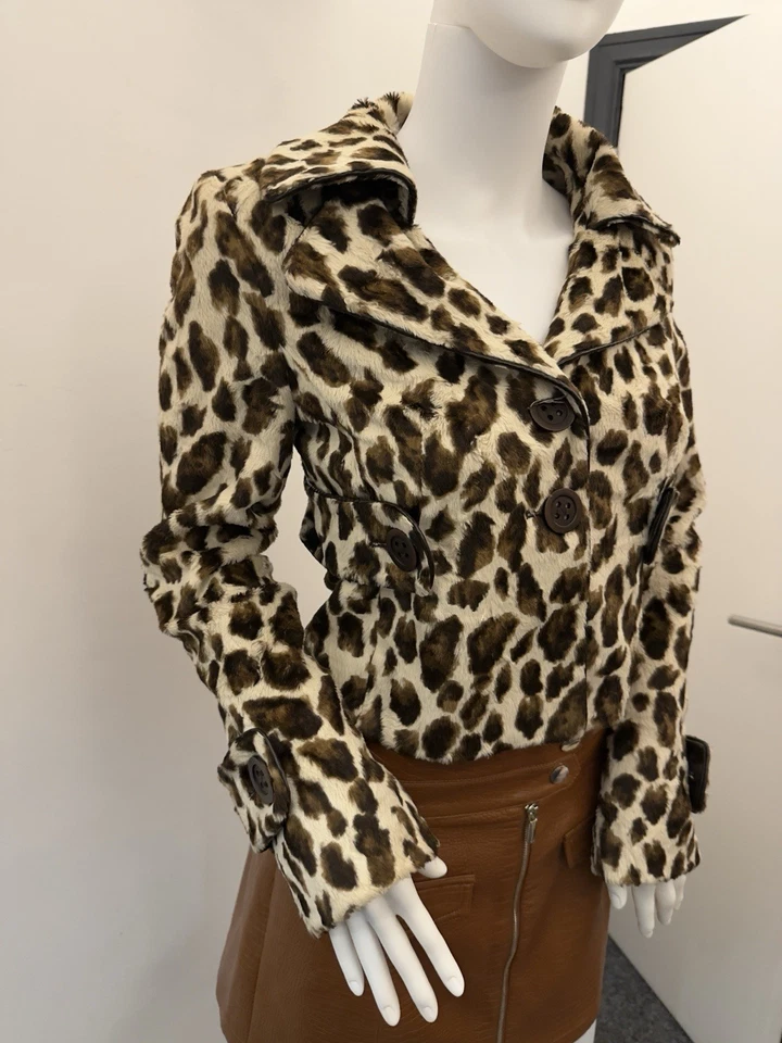 KAREN MILLEN UK8/10 EU36/38 US4/6 Tailored Faux Fur Leopard Trench short coat - Image 2 of 4