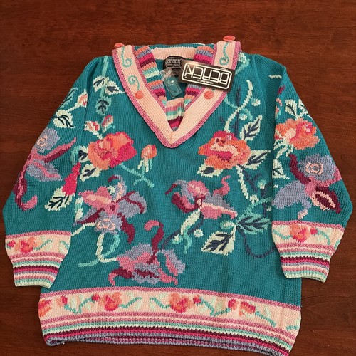 Berek Marta D Hand Knit Sweater Floral Pullover Sweet Blossoms Pima Cotton Large