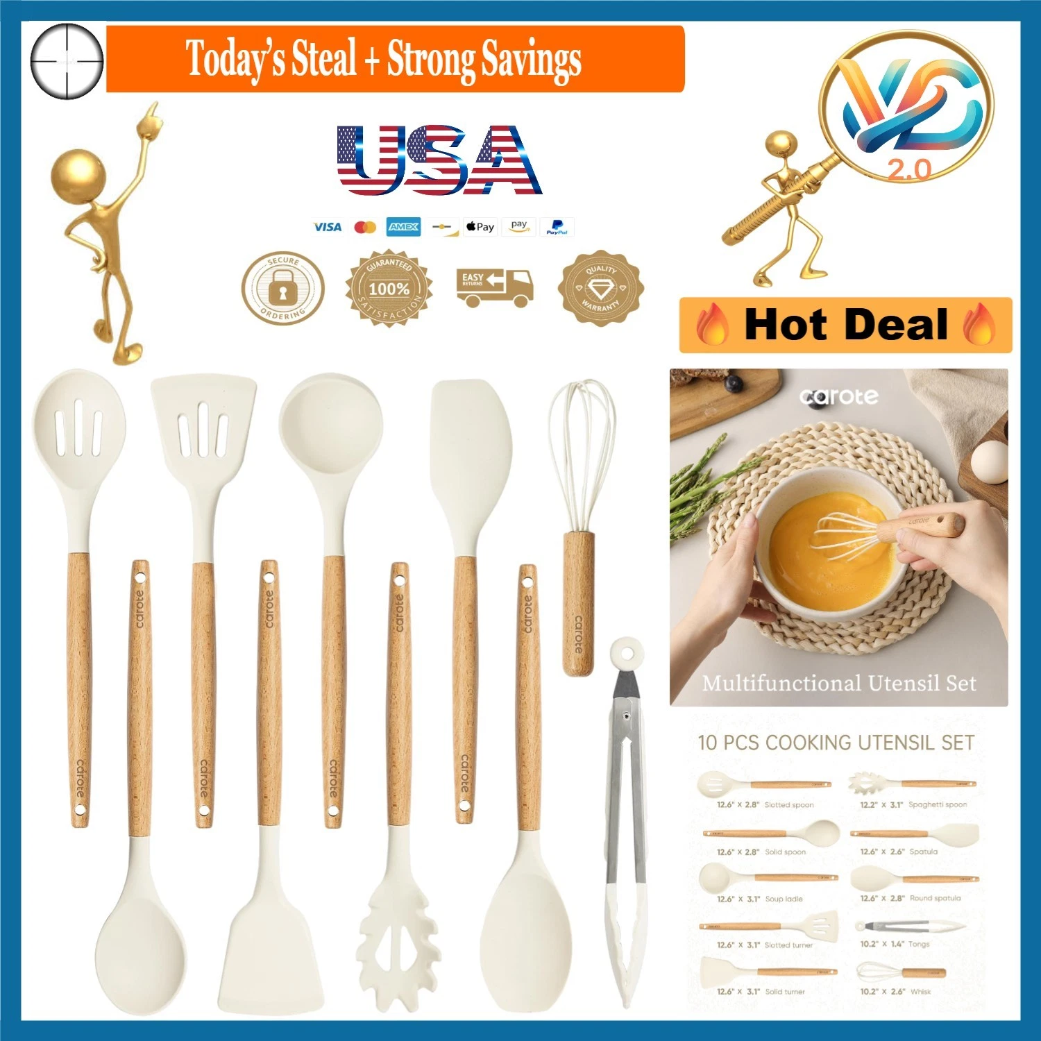 BPA Free Silicone Cooking Utensils Set 10 Pcs with Wood Handles Kitchen Tools