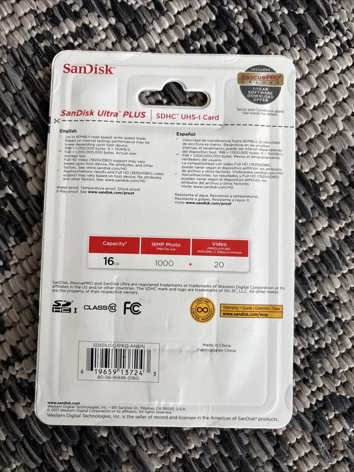 SanDisk SD ULTRA Plus  SDHC UHS-I 16GB memory card Up To 80 MB/s New In Pkg - Image 2 of 2