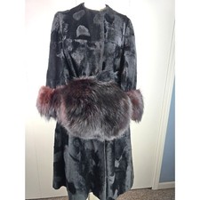 Vintage Lilli Ann Crushed Velvet Fox Fur Coat Belt Matching Muff Split Sleeves