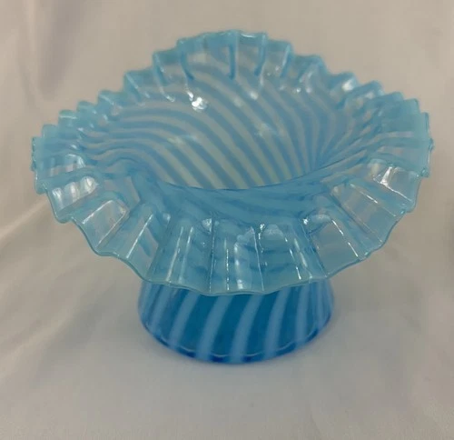 Fenton 1939 Stiegel Blue Opalescent Spiral Optic Hat Vase Mint