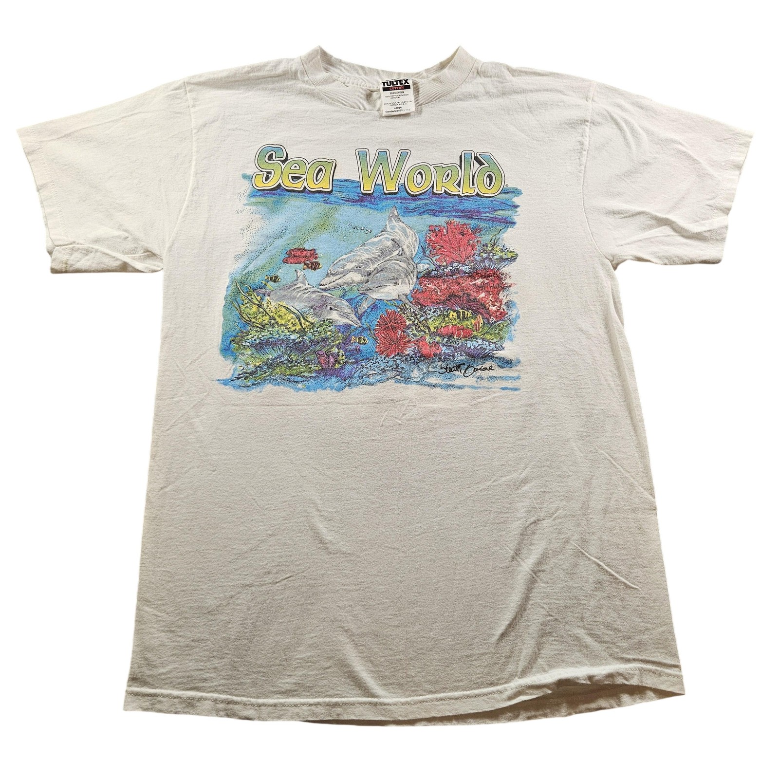 Vintage Sea World Shirt Mens Large White Dolphins Ocean Tultex Made USA 90s Tee