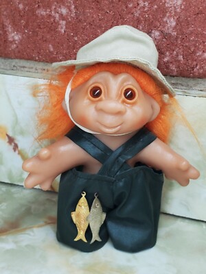 Vtg 80s D.A.M. Fisherman Troll Doll Orange Hair,  Overalls, Hat, gold silvr Fish