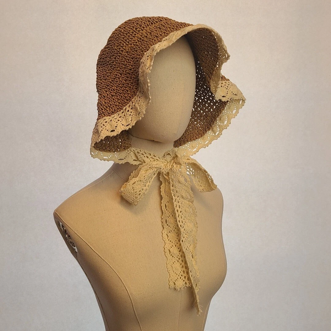 Women's Summer Sun Hat, Handmade Woven Wide Brim with Lace Trim Khaki Color
