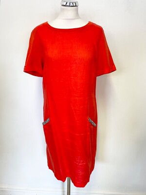 OUI LINEN FRONT RED SHORT SLEEVE RHINESTONE POCKET TRIM SHIFT DRESS SIZE 8  | eBay UK