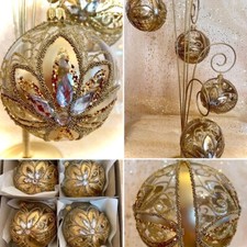 GOLD & TRANSPARENT - Set Of 4 Hand Painted 10cm Glass Baubles