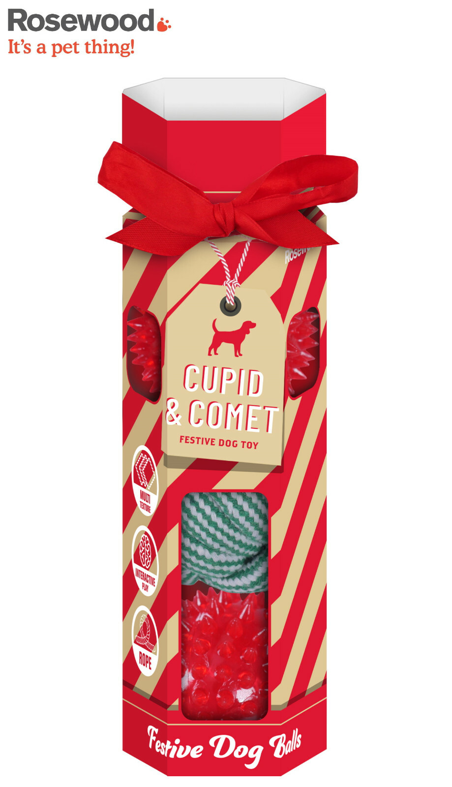 CUPID & COMET FESTIVE DOG BALLS CRACKER GIFT SET TEXTURED FETCH CHASE PLAY 3 PC