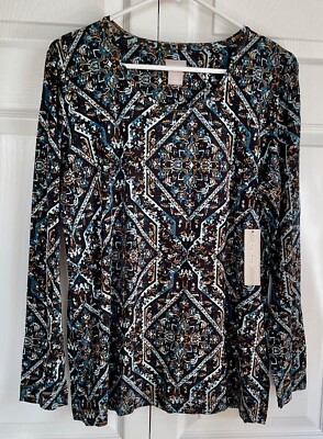 Chico''s NWT Size 2 $46 Rayon, Spandex Blocked Layering L/S Tee Top Cool Multi