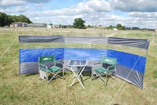 Camping Windbreak Clear Blue & Grey 3 panel steel frame 5m L x 1.44m H  C9910