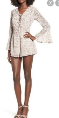 NEW Lush Floral Long Bell Sleeve Tie Front Shorts Romper Mint Taupe Size XS