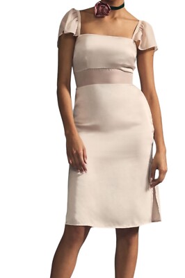 Anthropologie Flutter-Sleeve Satin Sheath Dress Cream Size 10 Nwt