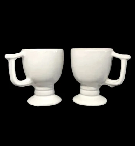 2 ct Vintage Frankoma Pedestal Coffee Tea Cups Mugs 4.5” White Glazed C13 7 oz