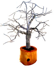 Hand Made Tree Sculpture Twisted Aluminum Wire, Cedar Wood Base Display 18"
