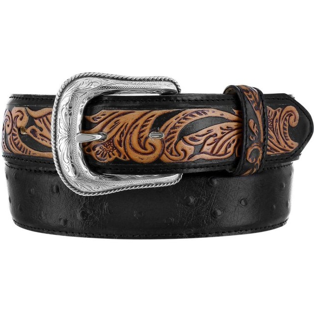 Tony Lama Western Mens Belt Leather Made In The USA Floral Ostrich Black C42523 | eBay