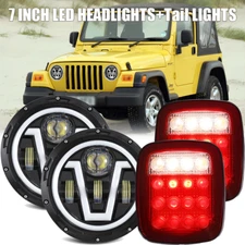 For 97-06 Jeep Wrangler TJ 4Pcs LED Headlights High Low DRL Beam+Tail Lights Kit