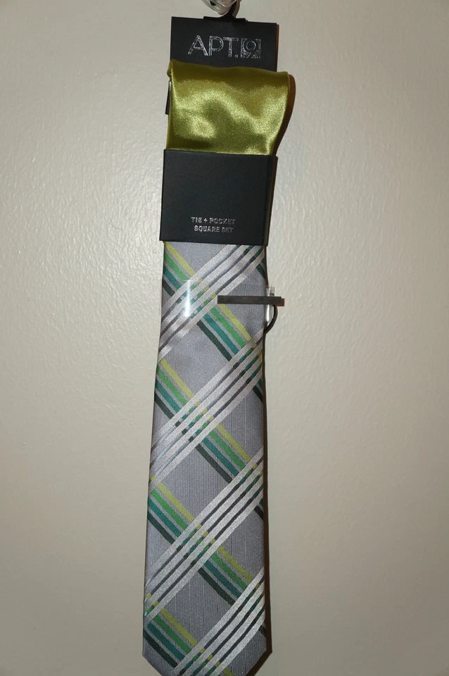 APT.9 Conjunto de Clipe Masculino Xadrez Verde Gravata, Bolso Quadrado e Silvertone Novo com etiquetas Varejo $34 - Imagem 2 de 4